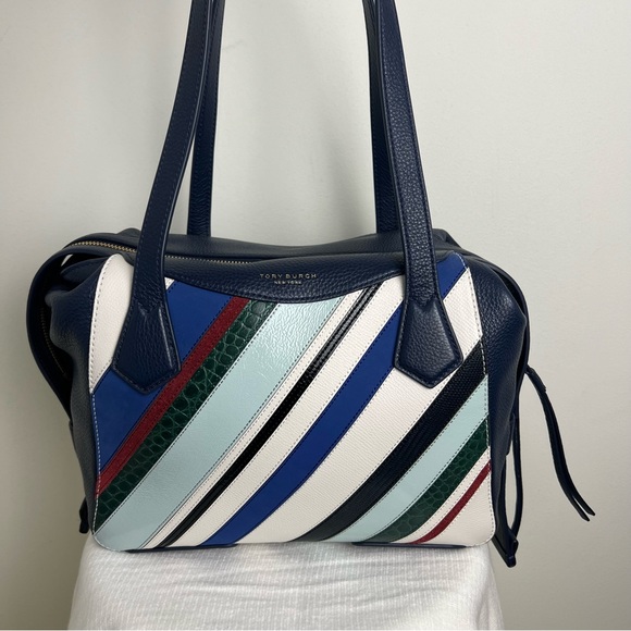 Tory Burch Blue Perry Balloon Stripe Satchel Leather Bag NEW Multicolor - Picture 15 of 16